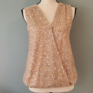 DAYTRIP NWOT Woman's Blush Silver Sequin Surplice V Neck Tank Mesh Lined Large